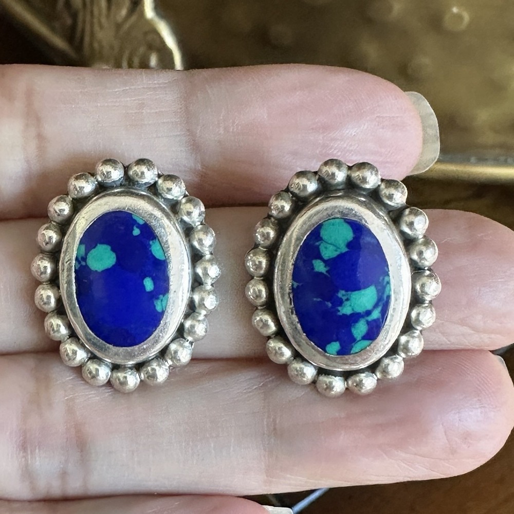 Vintage Mexico Stud Earrings 1" Azurite‎ Malachite Bead Accent 925 Sterling 8.8g